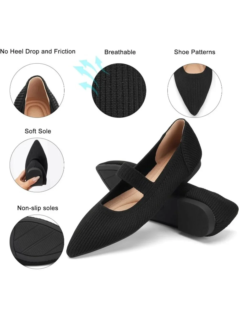 Women's All Black Comfortable Pointed Toe Foldable Slip On Ballet Flat Shoes